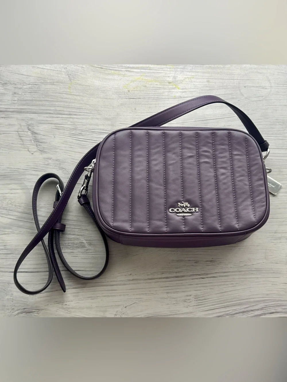 Coach Purple Quilted Leather Camera Bag Crossbody Silver Hardware